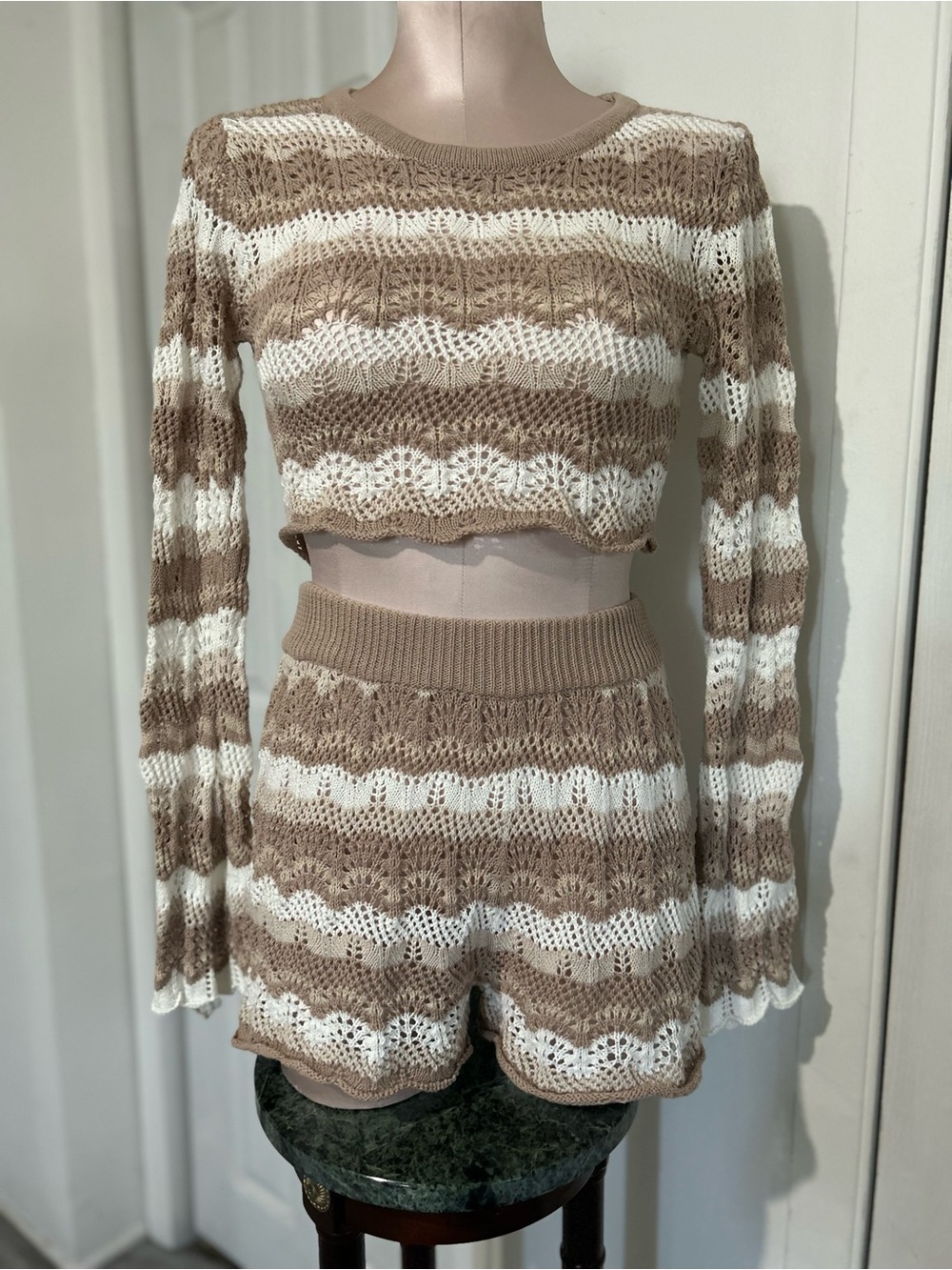 Beige & Cream Striped Crochet Two-Piece Set size 4